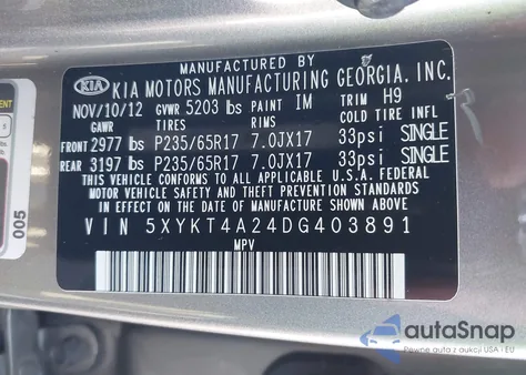 2013 Kia Sorento Lx V6 из США, поврежденный, VIN 5XYKT4A24DG403891